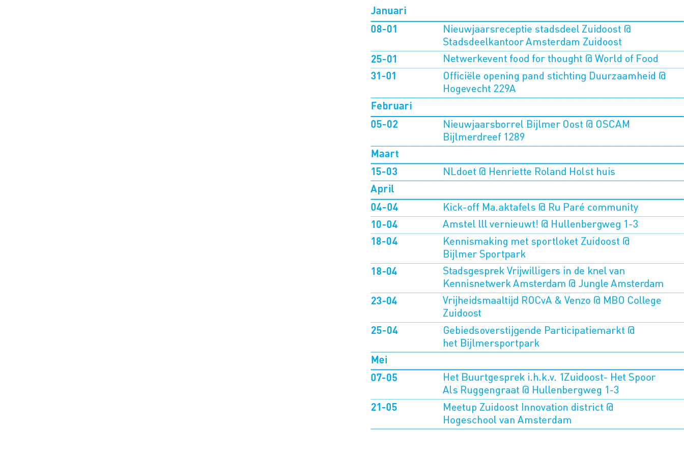 Januari,,08-01 ,Nieuwjaarsreceptie stadsdeel Zuidoost   Stadsdeelkantoor Amsterdam Zuidoost ,25-01 ,Netwerkevent food   