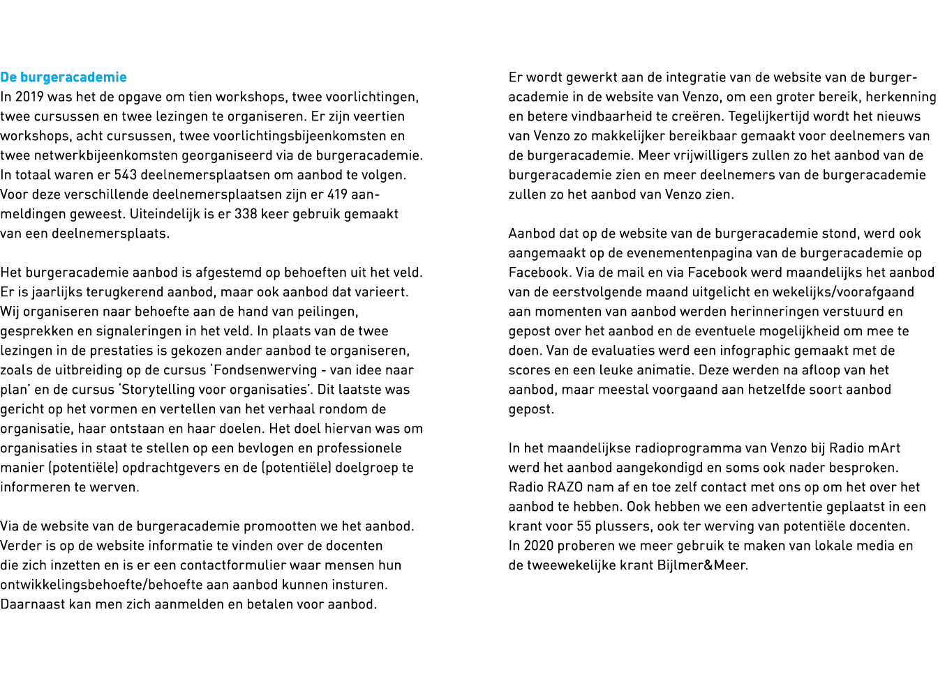   De burgeracademie In 2019 was het de opgave om tien workshops, twee voorlichtingen, twee cursussen en twee lezingen   