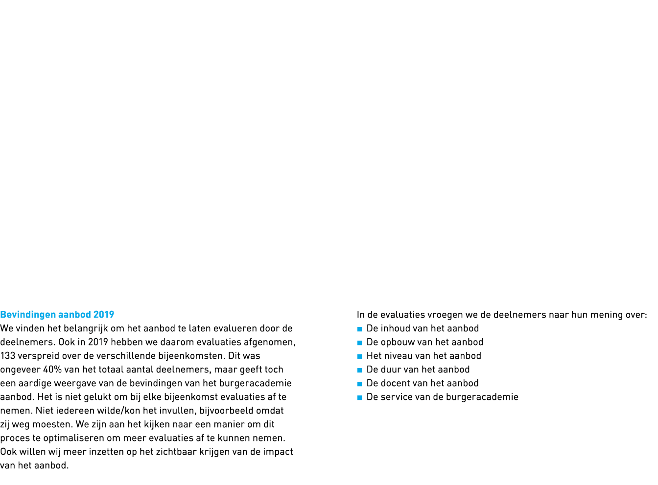            Bevindingen aanbod 2019 We vinden het belangrijk om het aanbod te laten evalueren door de deelnemers  Ook    