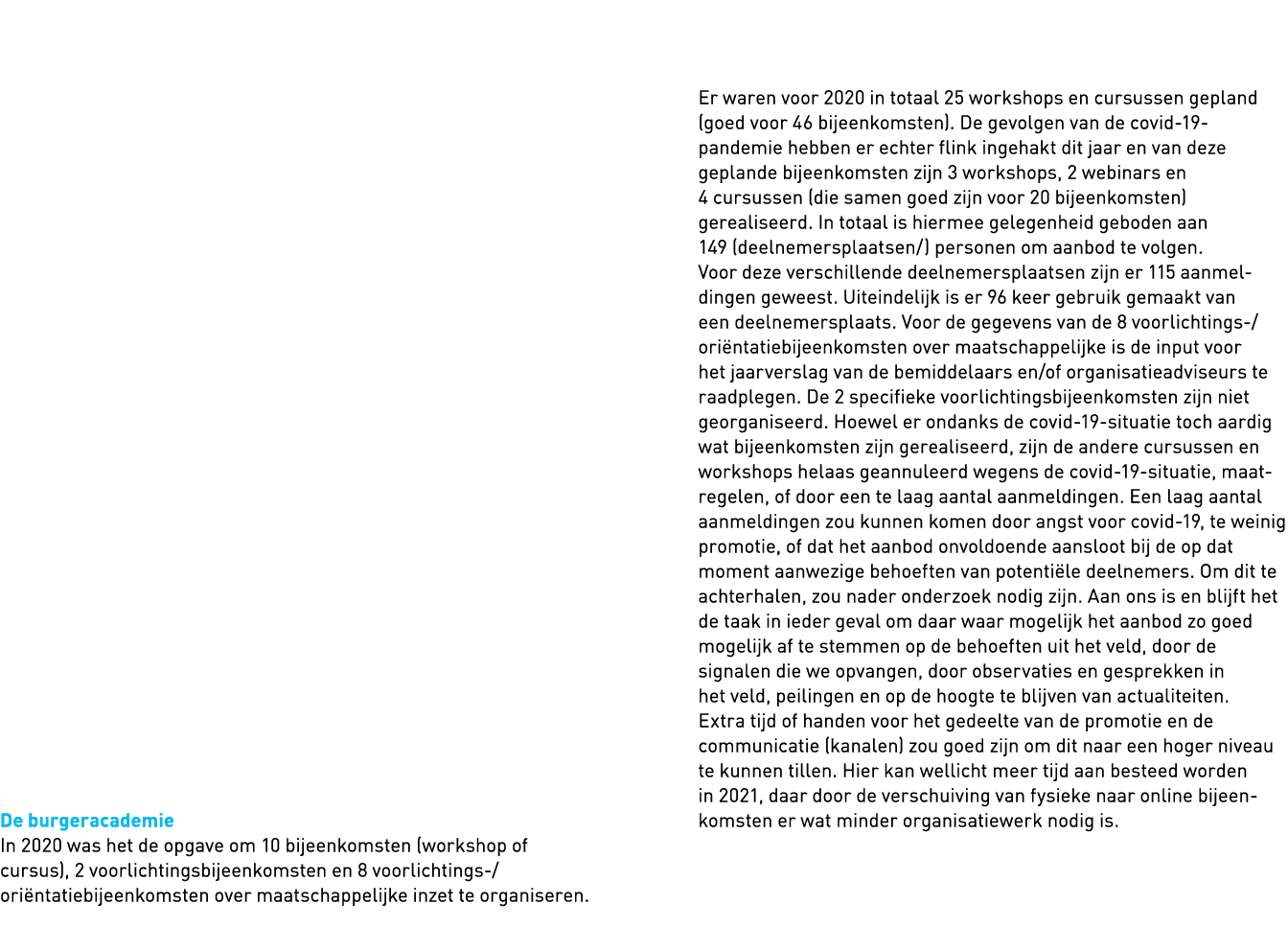                 De burgeracademie In 2020 was het de opgave om 10 bijeenkomsten (workshop of cursus), 2 voorlichtings   