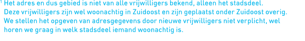 1  Het adres en dus gebied is niet van alle vrijwilligers bekend, alleen het stadsdeel  Deze vrijwilligers zijn wel w   